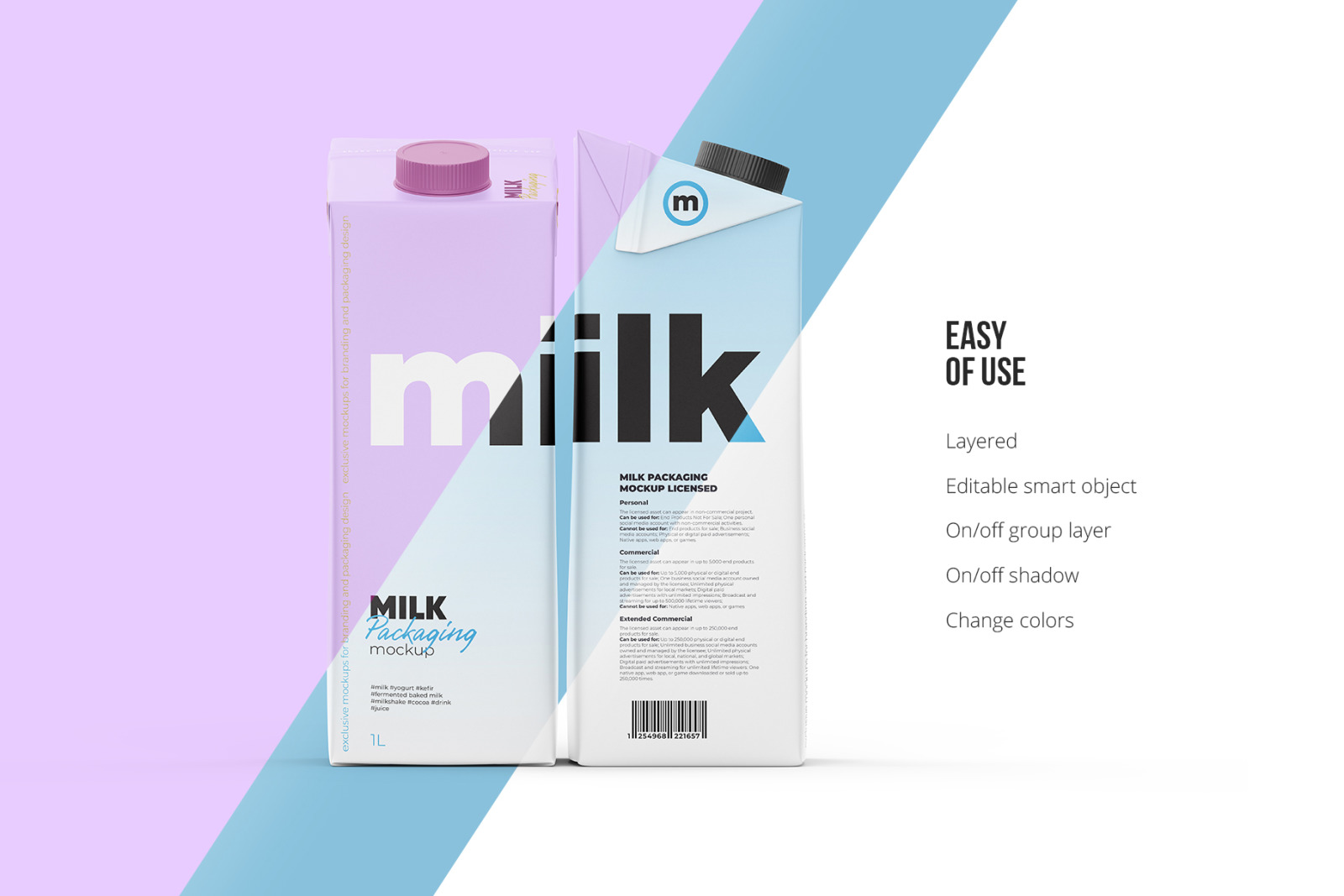 1L Milk packaging. Tetra Brik edge. Front and Side view