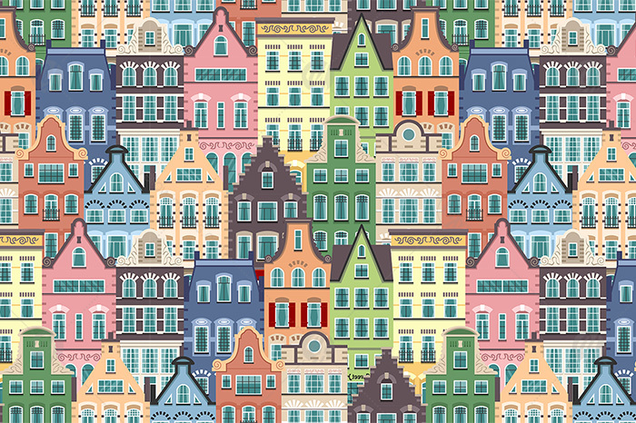 Seamless pattern of Holland old houses facades