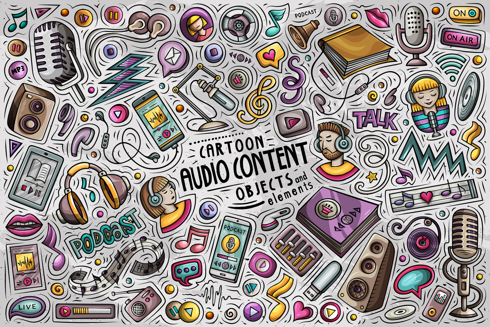 Audio Content Cartoon Objects Set