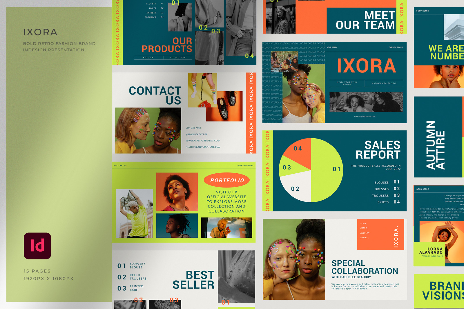 Ixora - Colorful Bold Retro Fashion Brand InDesign Presentation