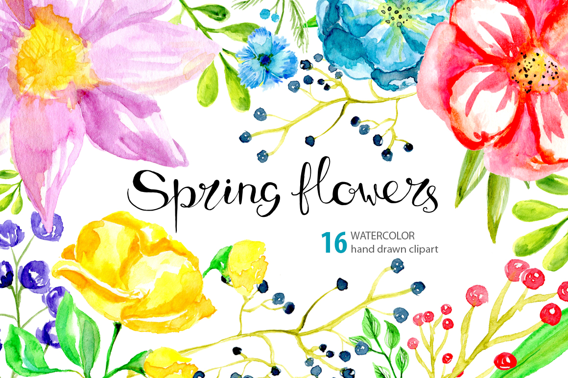 Watercolor spring bright flowers