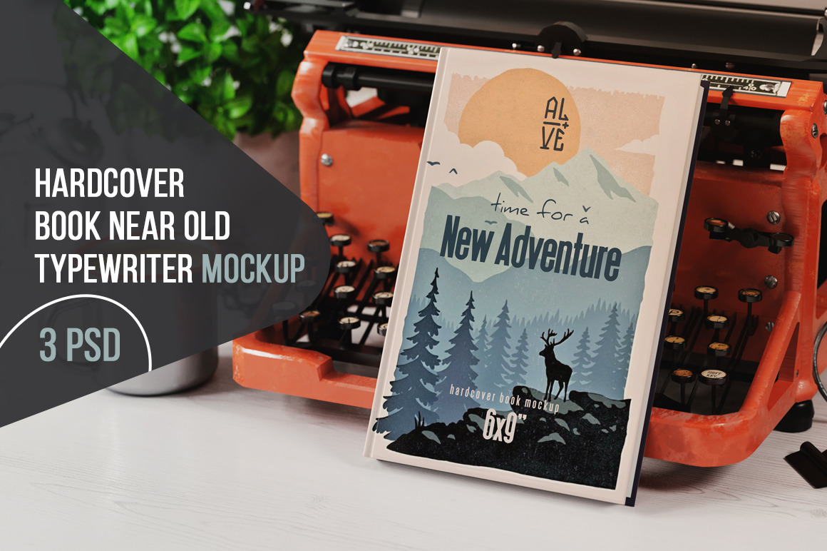 Hardcover Book Near Old Typewriter Mockup Hardcover Book Near Old Typewriter Mockup