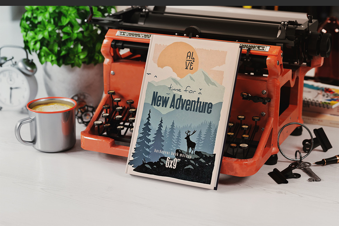 Hardcover Book Near Old Typewriter Mockup