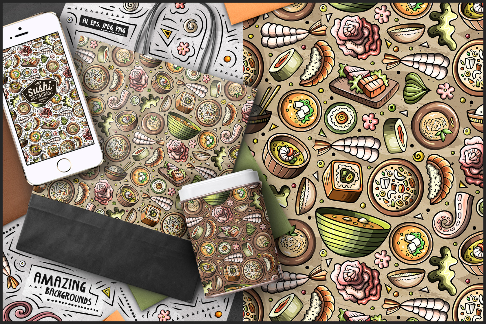 7 Japanese Food Seamless Patterns