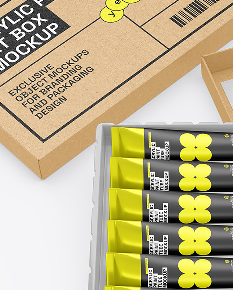 Opened Box w/ Metallic Paint Tubes Set Mockup