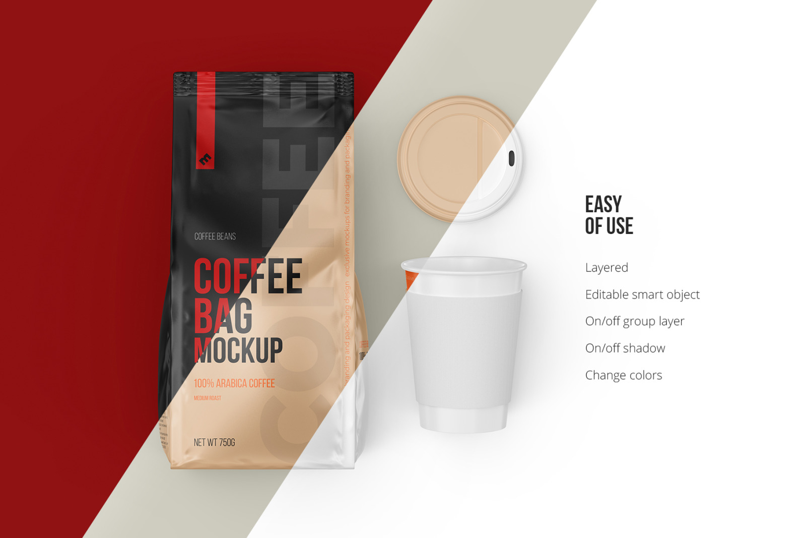 Coffee Bag with Open Cup, top view mockup - 3 PSD Coffee Bag with Open Cup, top view mockup - 3 PSD