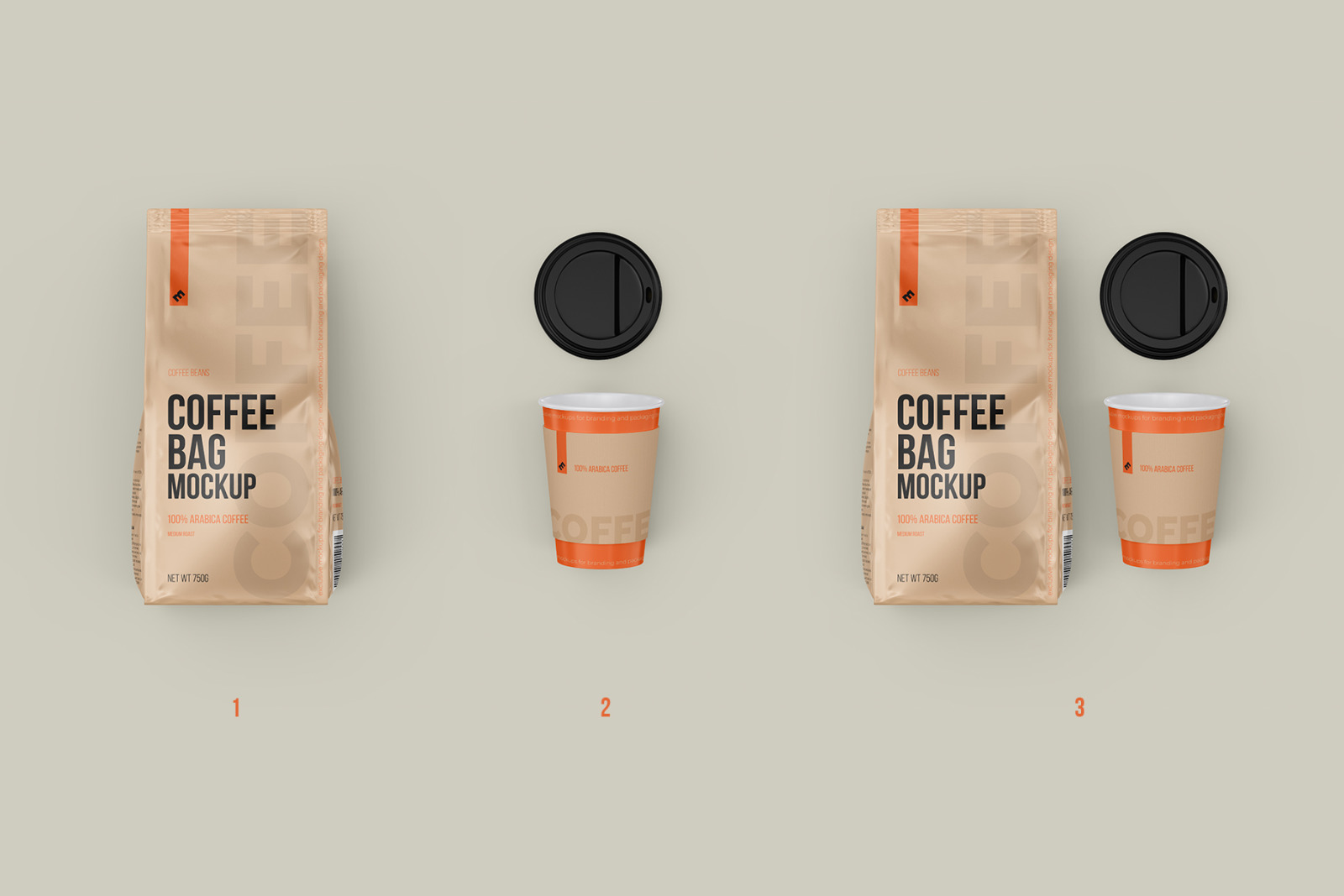 Coffee Bag with Open Cup, top view mockup - 3 PSD Coffee Bag with Open Cup, top view mockup - 3 PSD