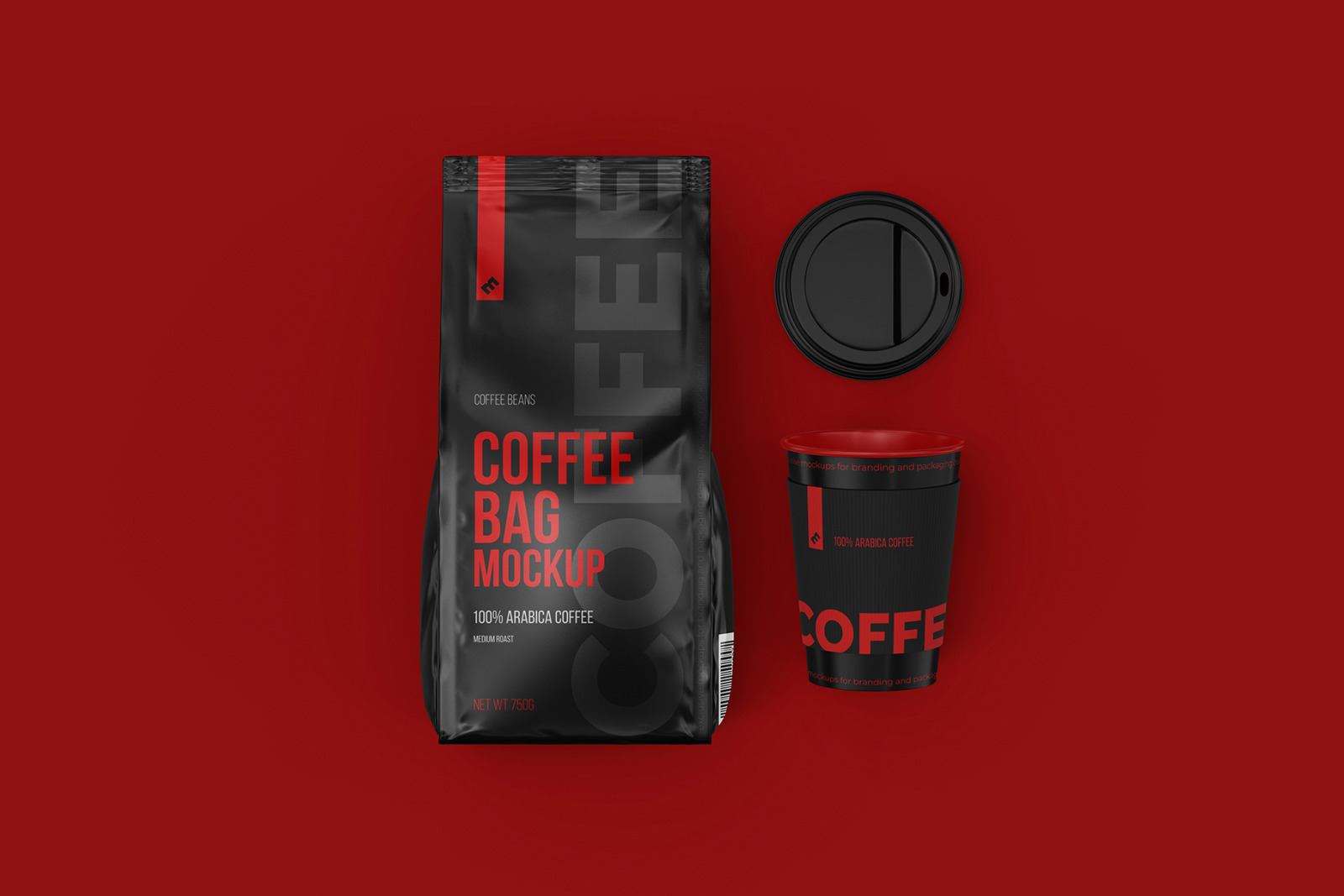 Coffee Bag with Open Cup, top view mockup - 3 PSD Coffee Bag with Open Cup, top view mockup - 3 PSD