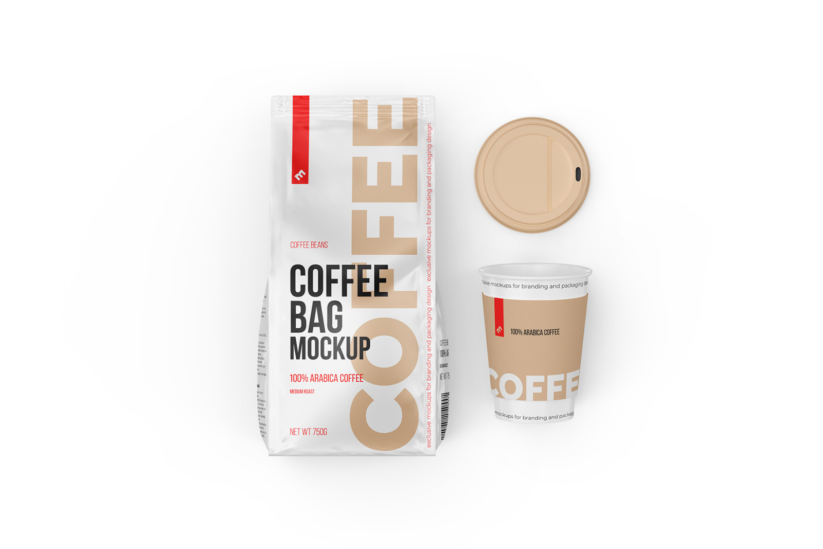 Coffee Bag with Open Cup, top view mockup - 3 PSD Coffee Bag with Open Cup, top view mockup - 3 PSD