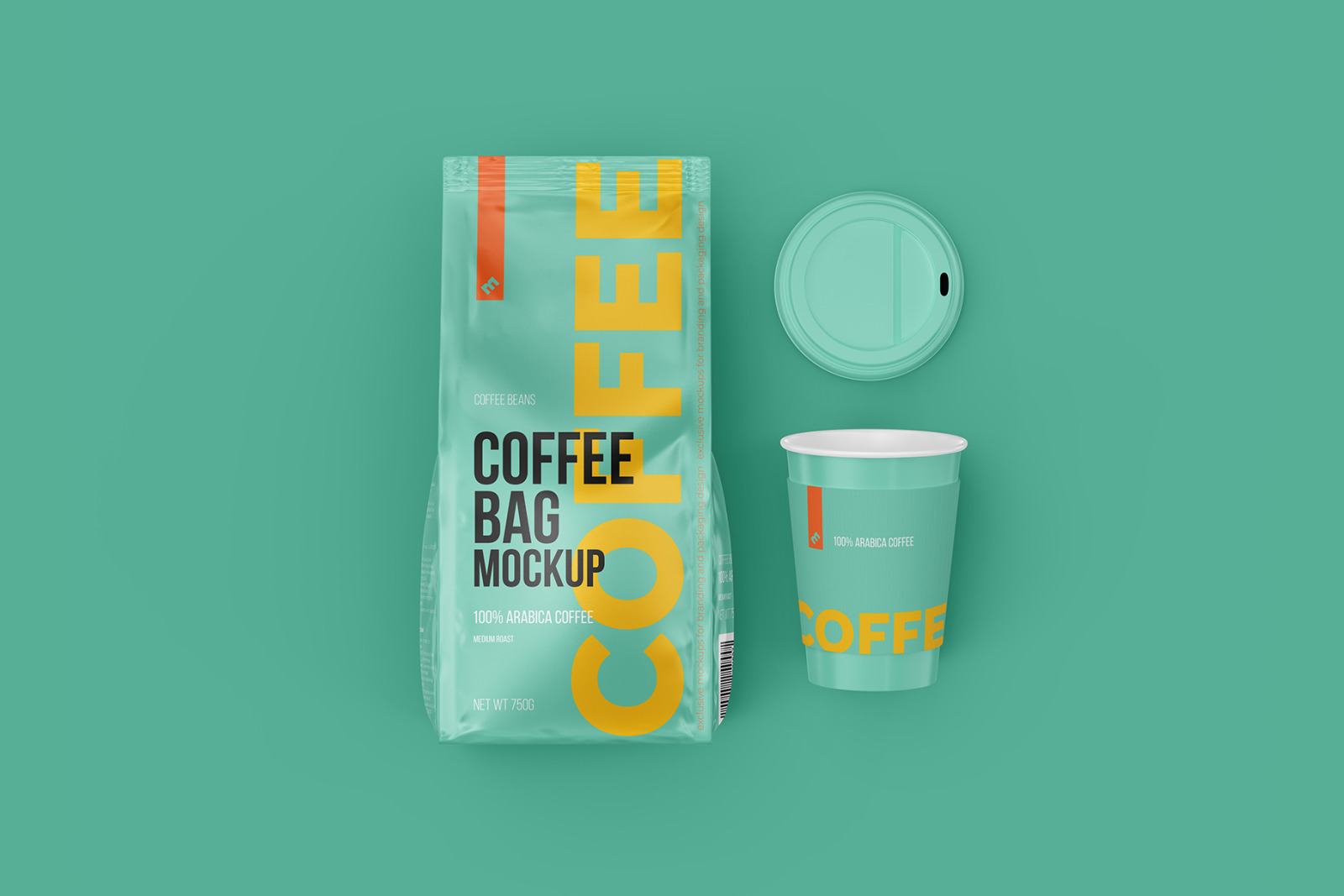 Coffee Bag with Open Cup, top view mockup - 3 PSD Coffee Bag with Open Cup, top view mockup - 3 PSD