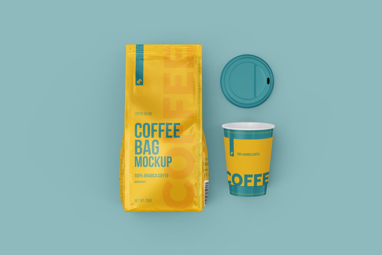 Coffee Bag with Open Cup, top view mockup - 3 PSD Coffee Bag with Open Cup, top view mockup - 3 PSD