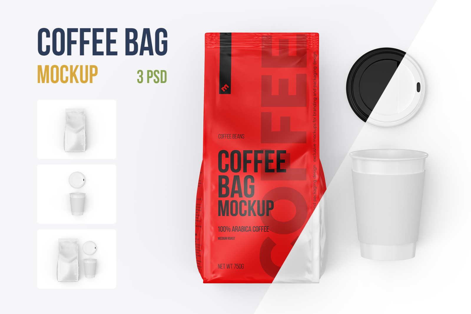Coffee Bag with Open Cup, top view mockup - 3 PSD Coffee Bag with Open Cup, top view mockup - 3 PSD