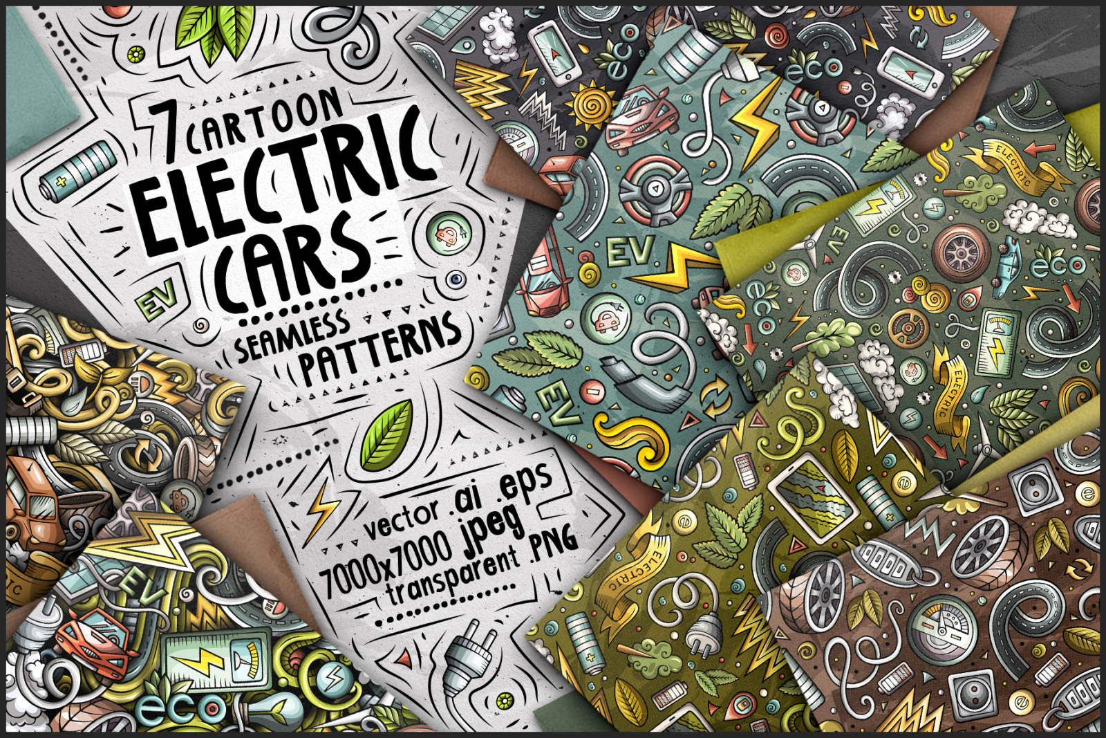 7 Electric Cars Seamless Patterns