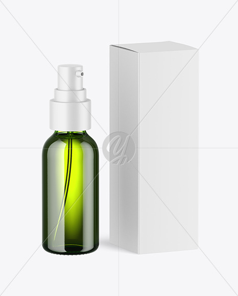 Green Glass Pump Bottle w\ Box Mockup