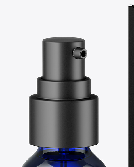 Blue Glass Pump Bottle w/ Box Mockup