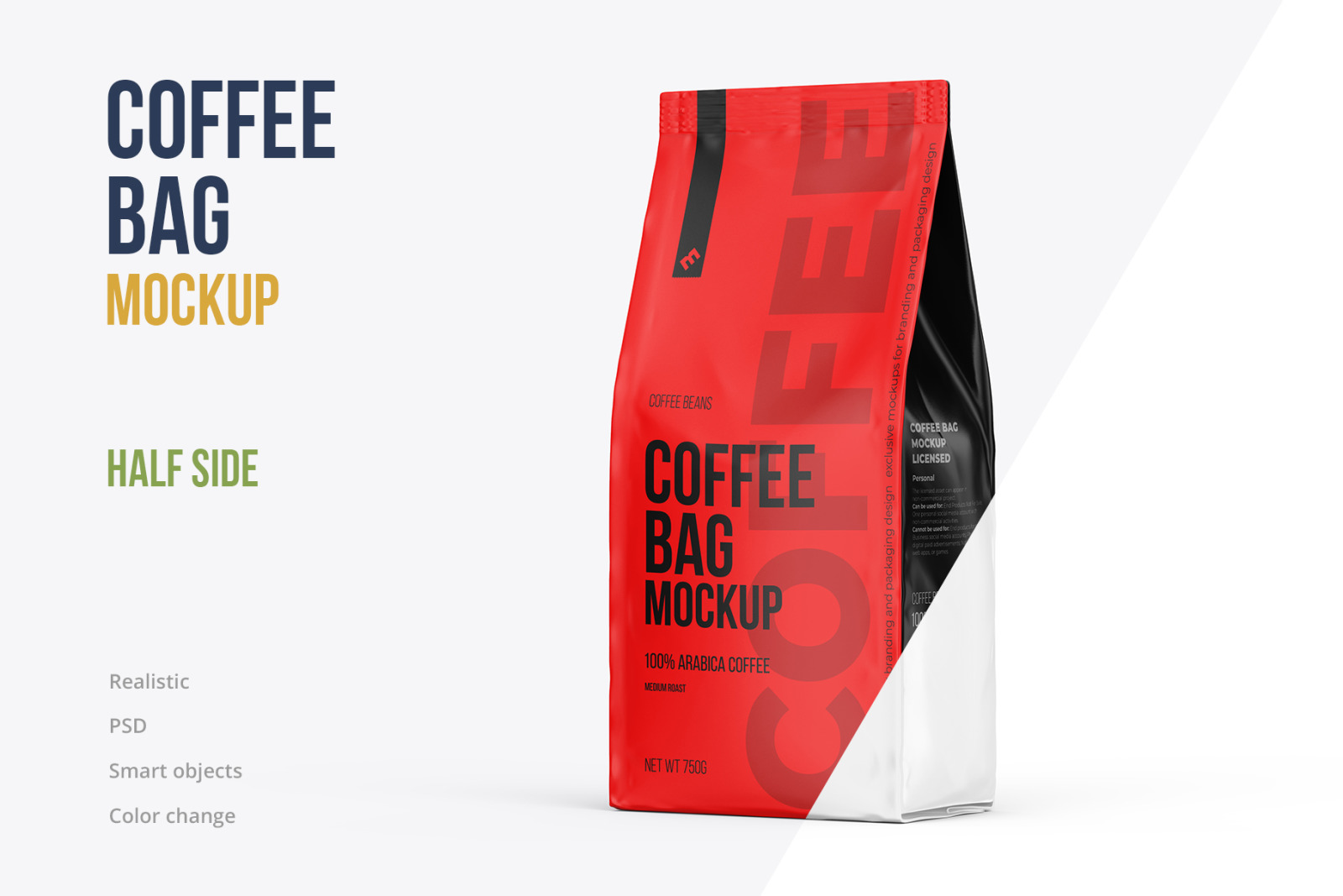 Coffee Bag, Pouch Half Side (3/4) view mockup Coffee Bag, Pouch Half Side (3/4) view mockup