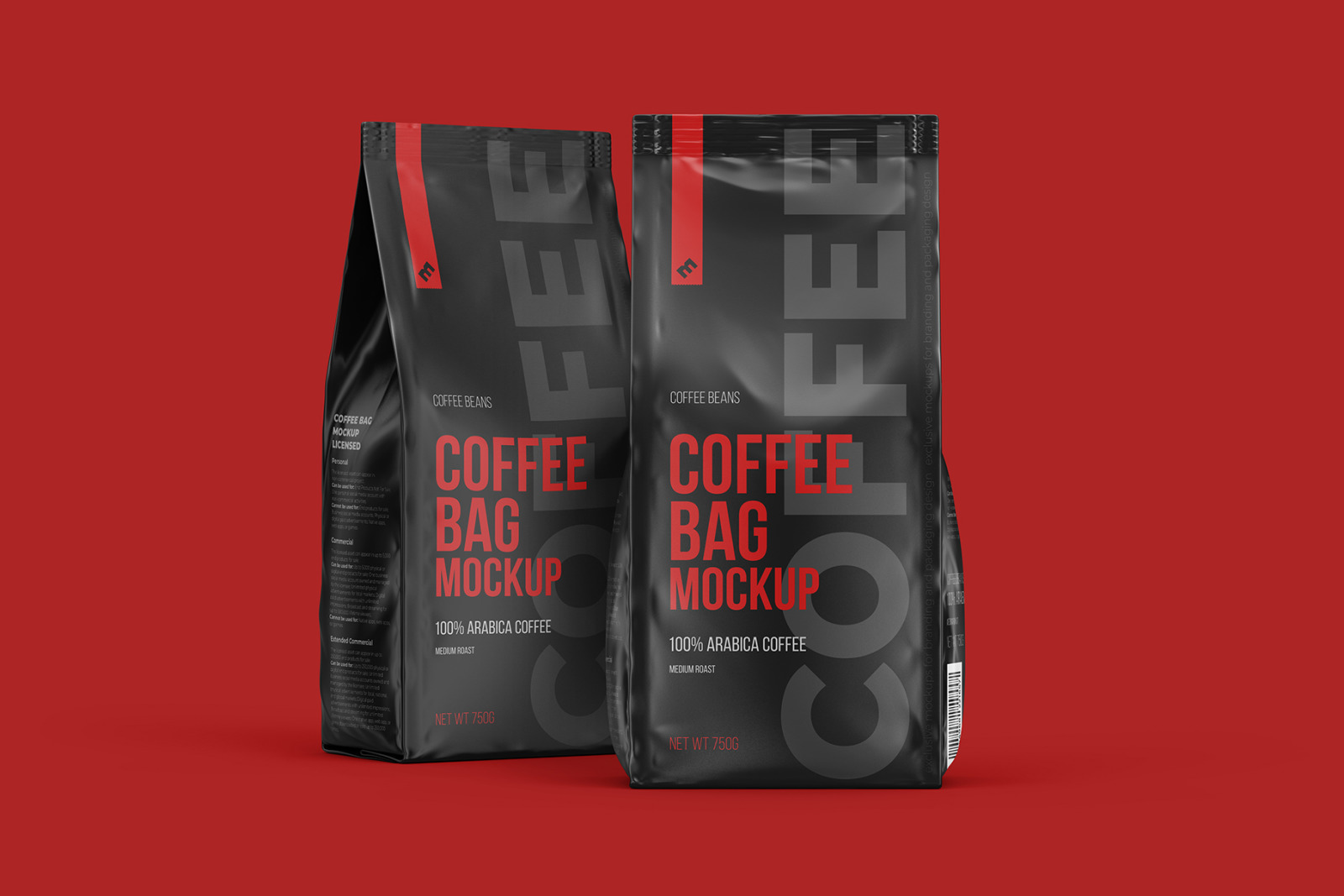 Coffee Bag, two Pouches in one scene, Half Side and Front