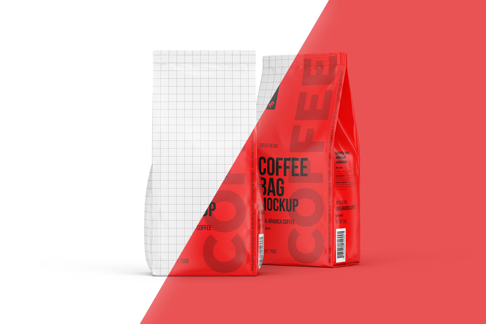 Coffee Bag, two Pouches in one scene, Front and Half Side Coffee Bag, two Pouches in one scene, Front and Half Side