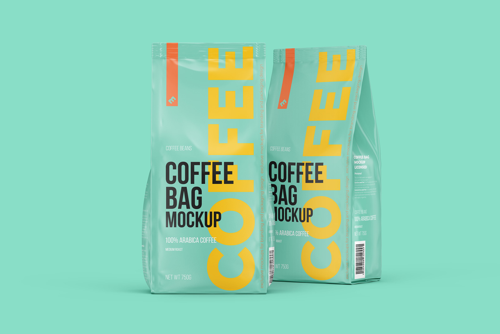 Coffee Bag, two Pouches in one scene, Front and Half Side Coffee Bag, two Pouches in one scene, Front and Half Side