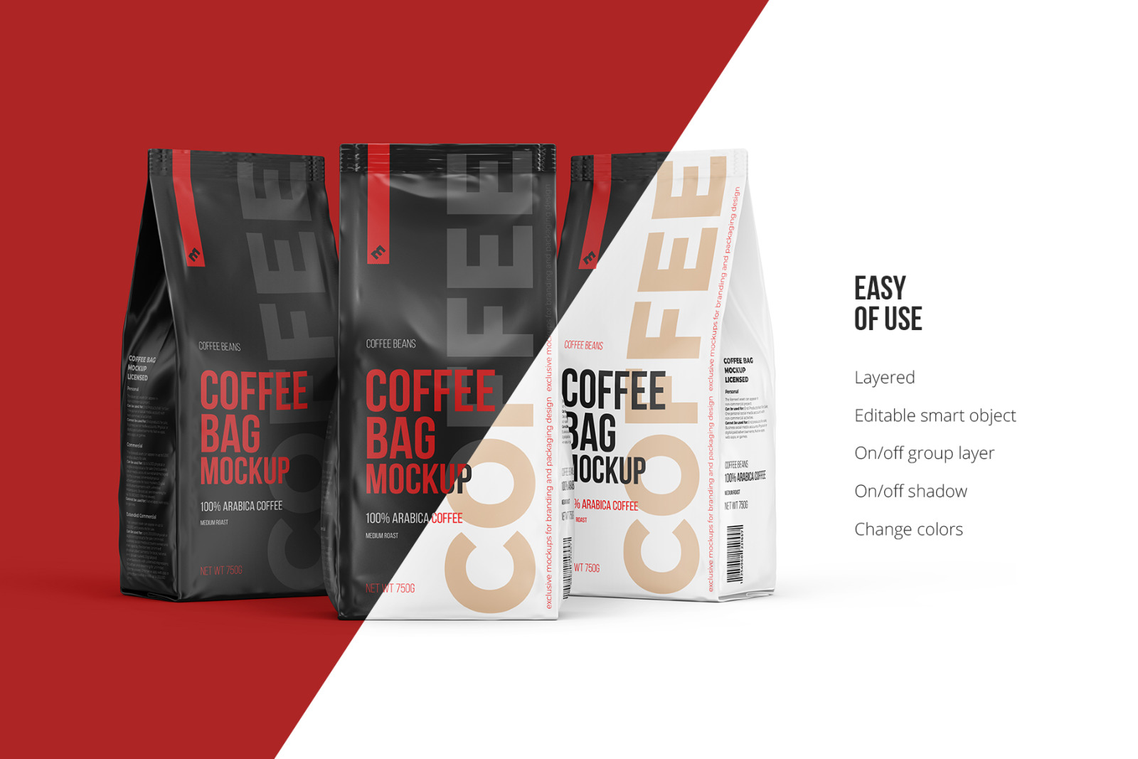 Coffee Bag, three Pouches in one scene, Half Side, Front and Half Side Coffee Bag, three Pouches in one scene, Half Side, Front and Half Side
