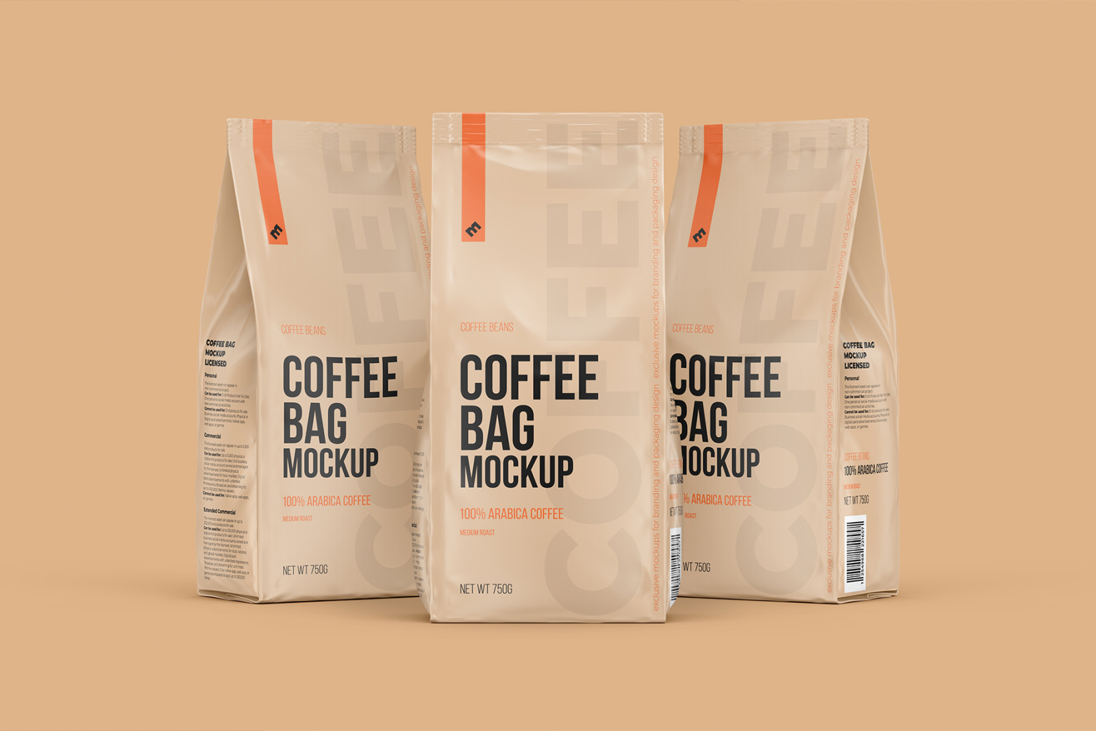 Coffee Bag, three Pouches in one scene, Half Side, Front and Half Side