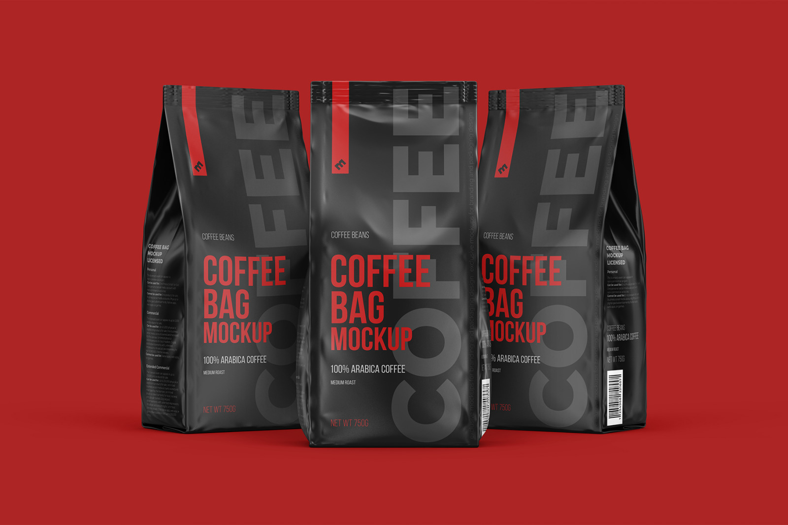 Coffee Bag, three Pouches in one scene, Half Side, Front and Half Side