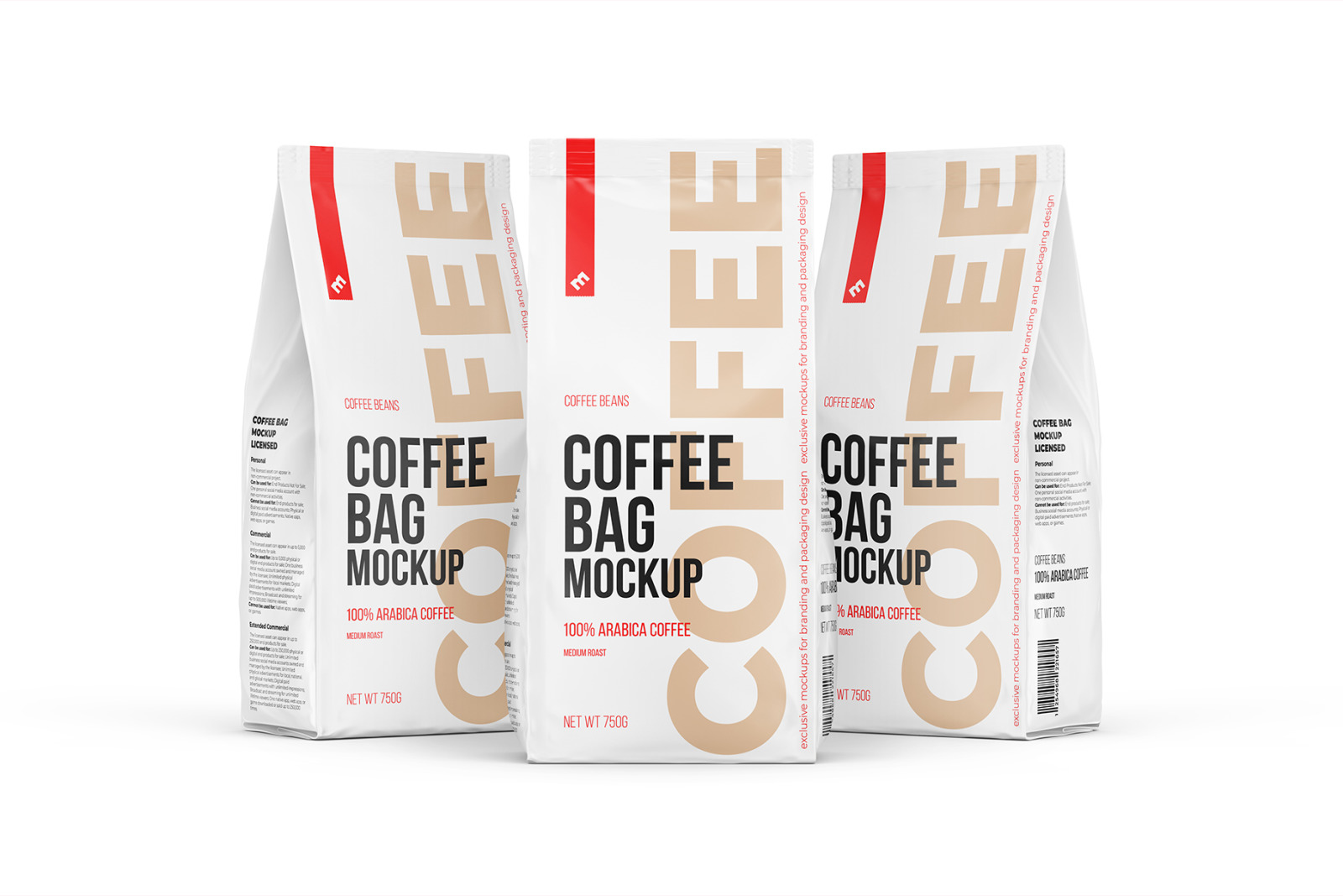 Coffee Bag, three Pouches in one scene, Half Side, Front and Half Side