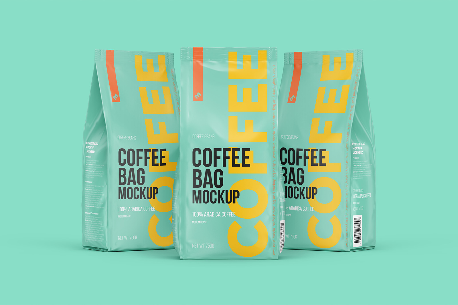 Coffee Bag, three Pouches in one scene, Half Side, Front and Half Side