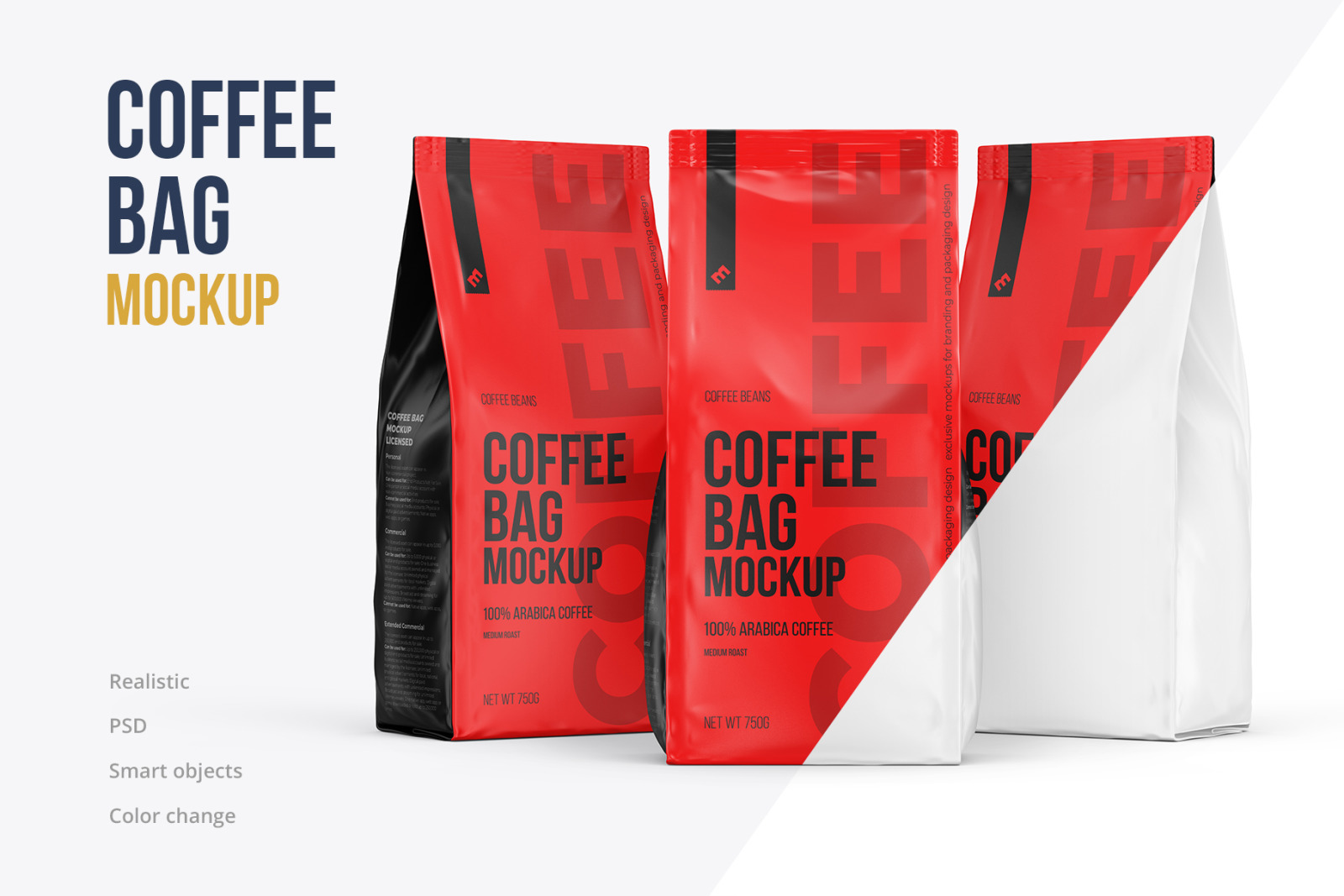 Coffee Bag, three Pouches in one scene, Half Side, Front and Half Side