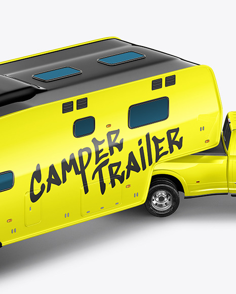 Pickup Truck W\ Camper Trailer Mockup - Back Half Side View