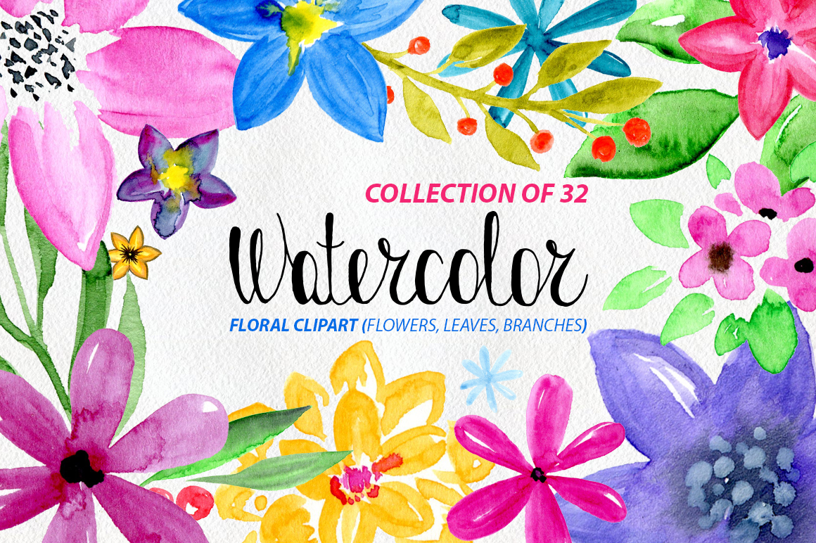 32 Watercolor floral elements