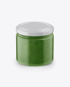 Glass Jar with Pesto Sauce Mockup - Front View (High Angle Shot)