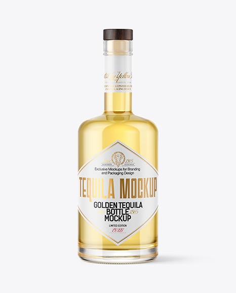 Clear Glass with Golden Tequila Bottle Mockup