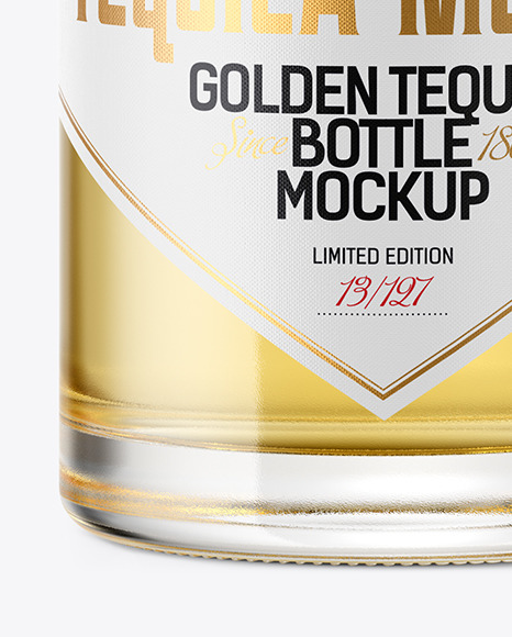 Clear Glass with Golden Tequila Bottle Mockup