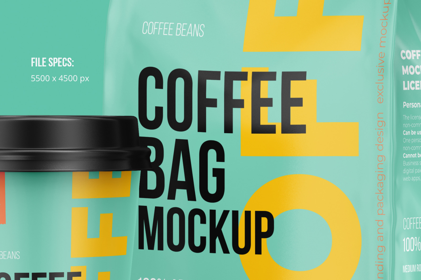 Coffee Pouch Half Side &amp; Cup Mockup