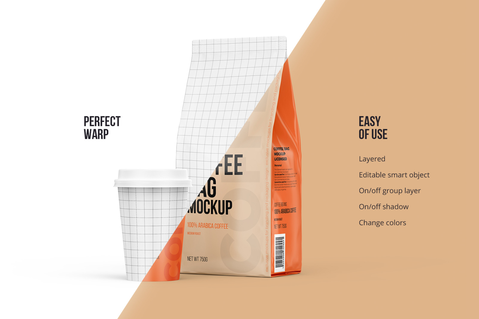 Coffee Pouch Half Side &amp; Cup Mockup