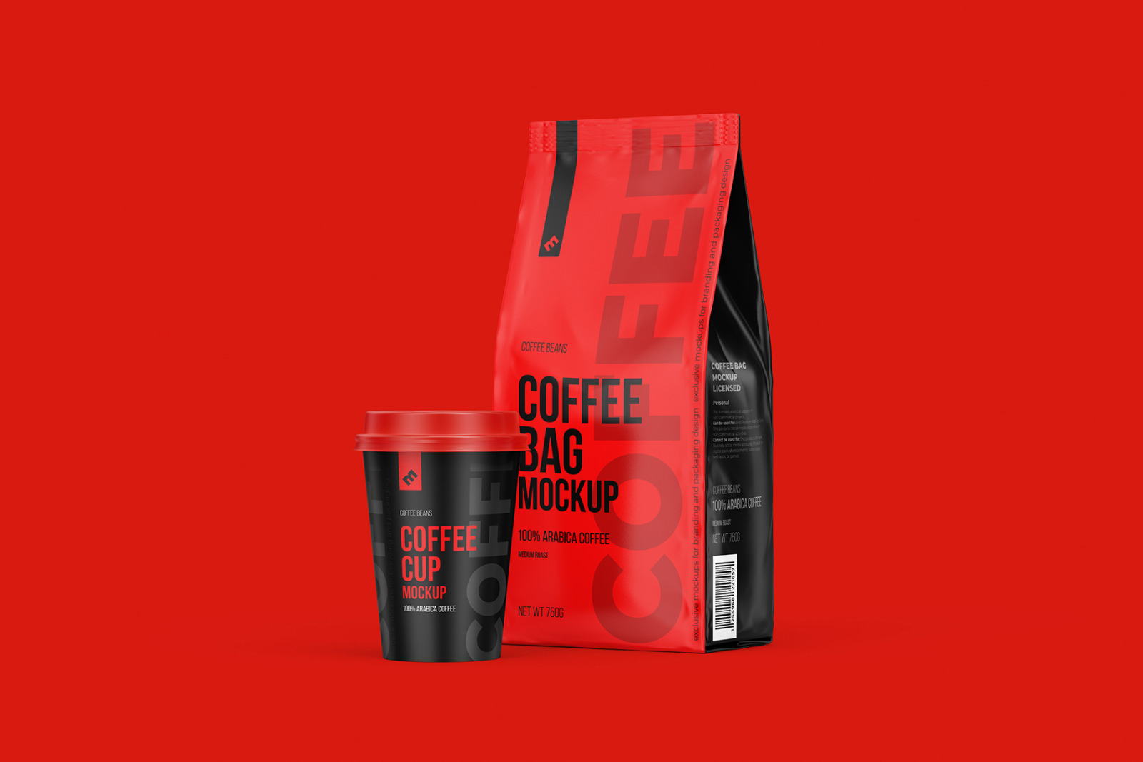 Coffee Pouch Half Side &amp; Cup Mockup