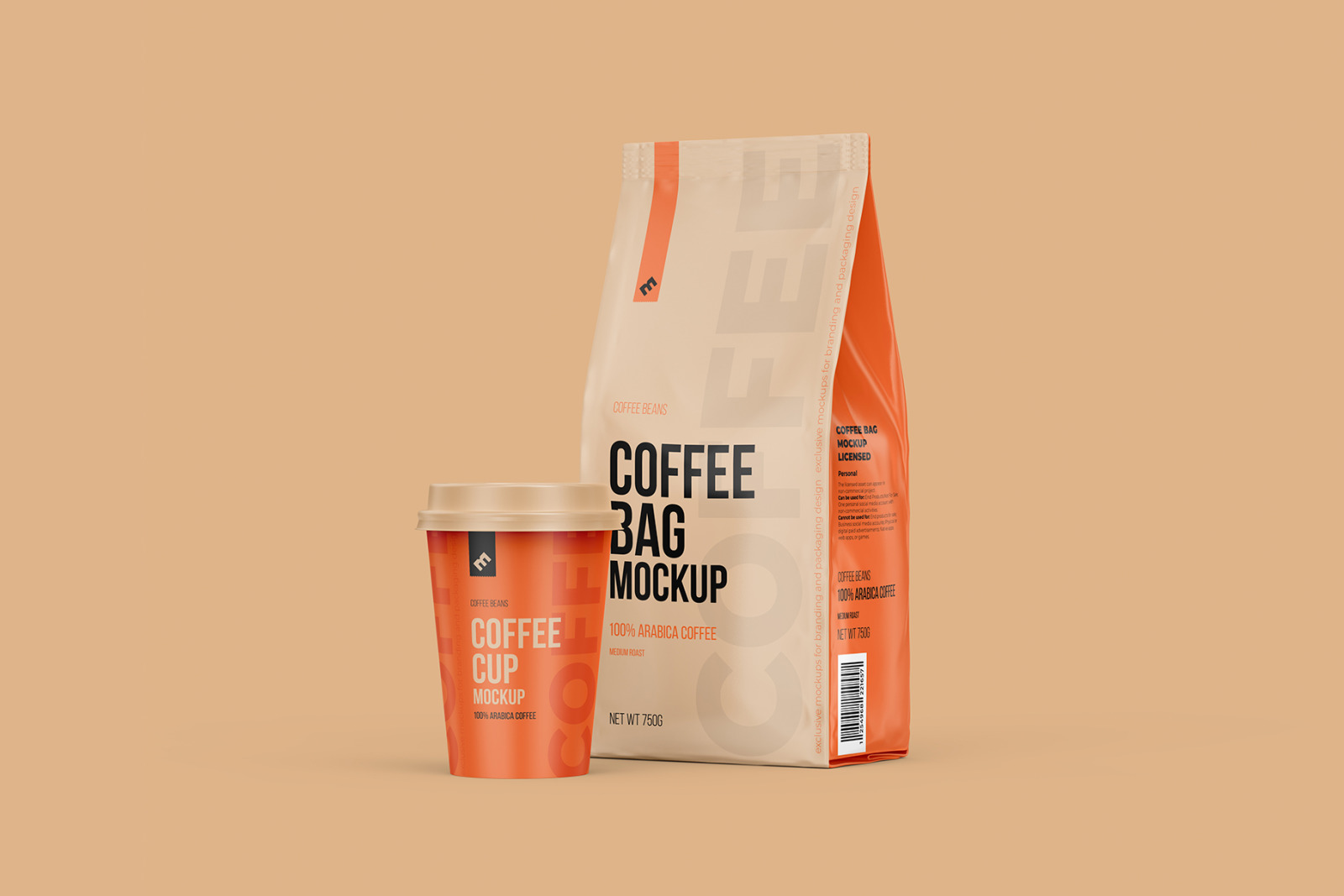 Coffee Pouch Half Side &amp; Cup Mockup