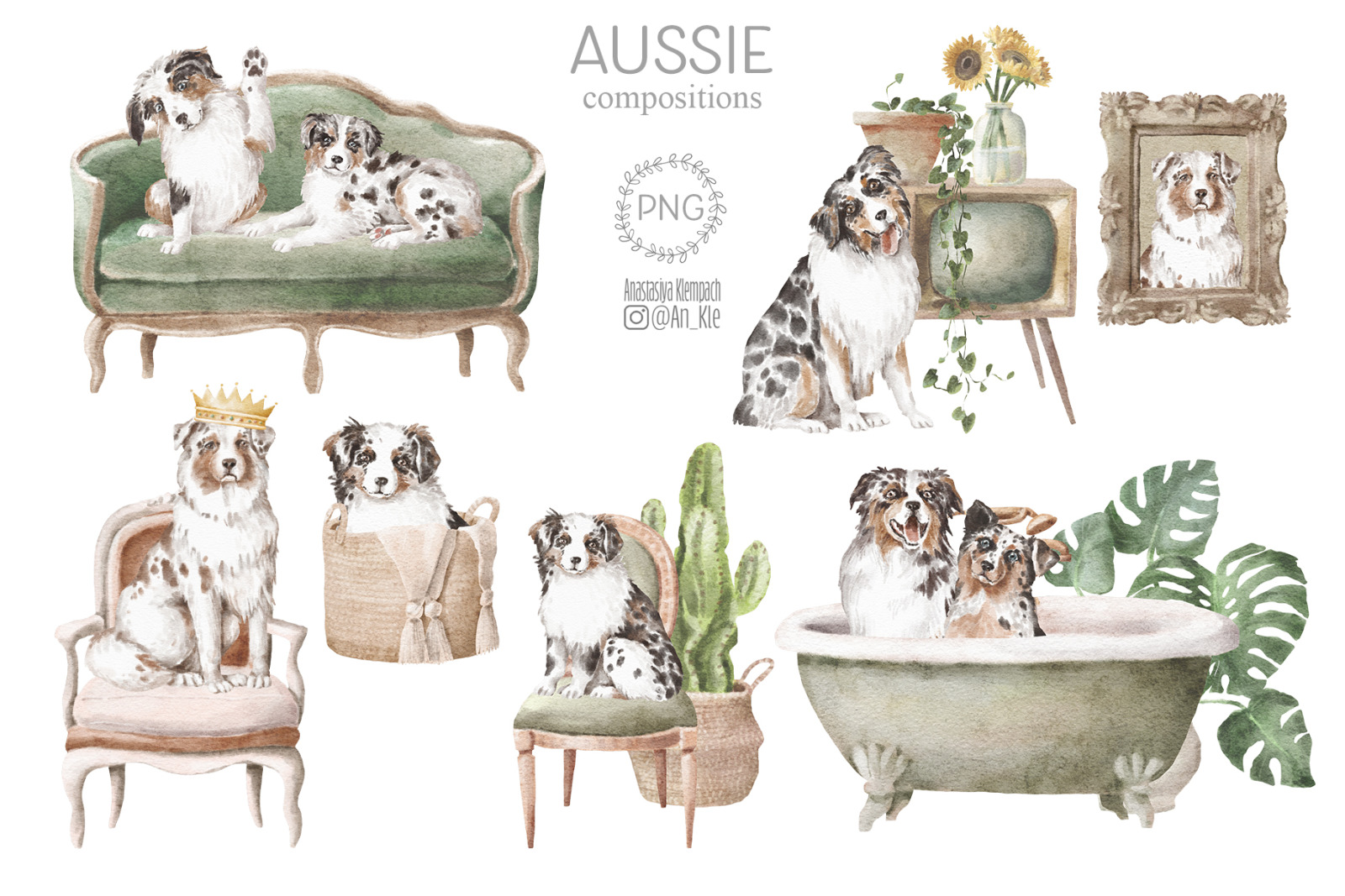 Aussie dog clipart bundle