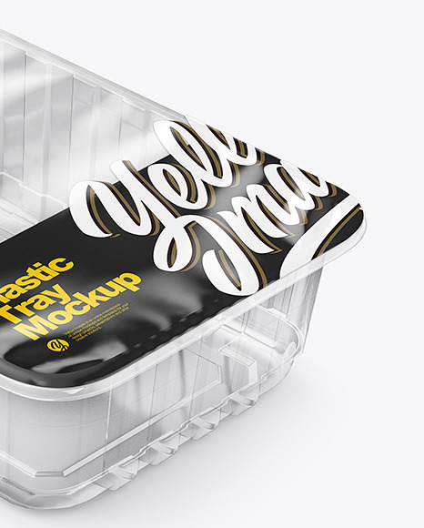 Empty Clear Plastic Tray w/ Transparent Film Cover Mockup