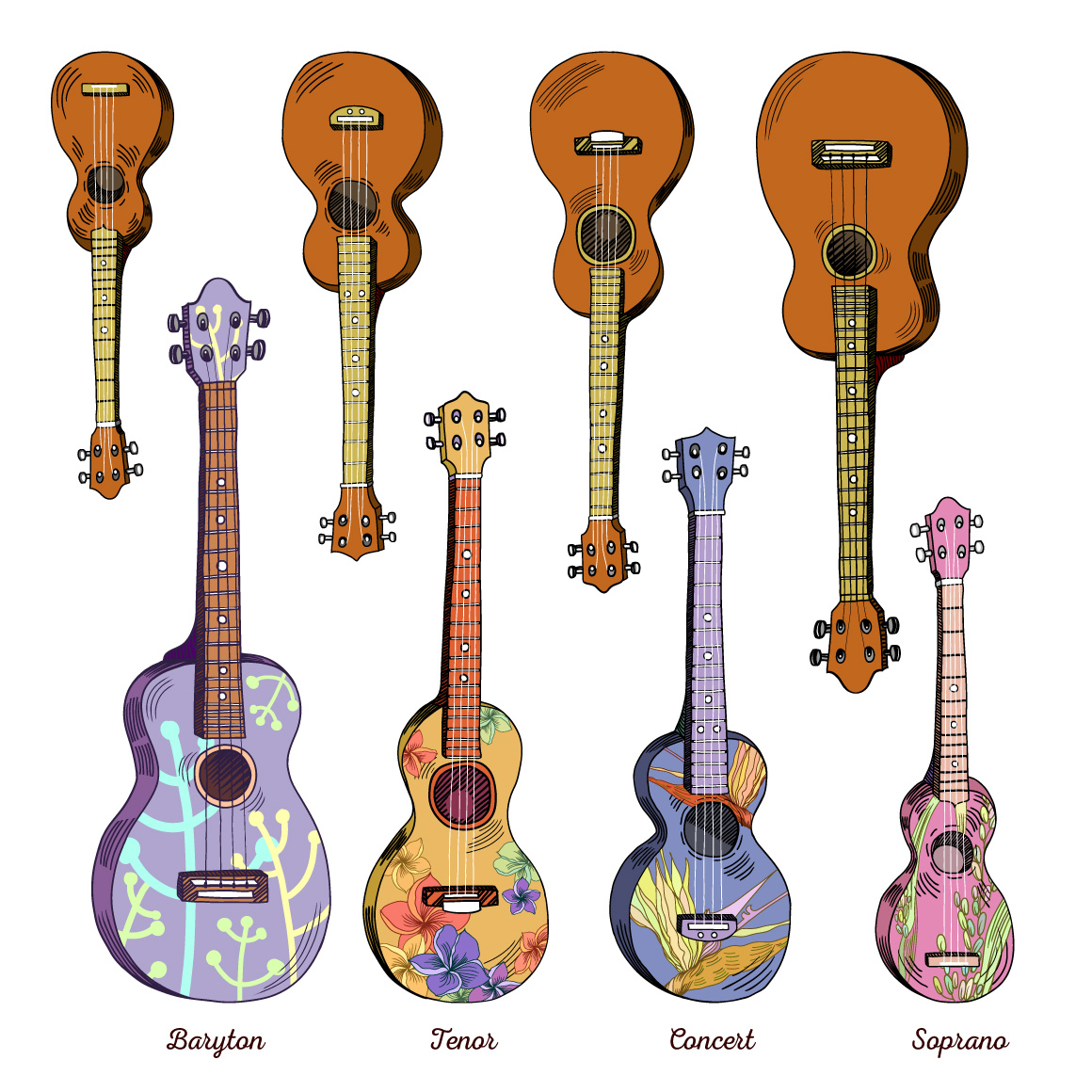 Ukulele set with Hawaiian patterns and elements