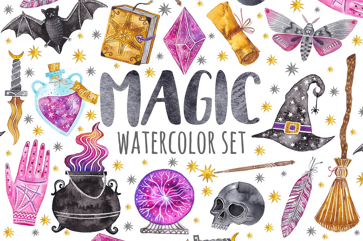 Watercolor magic set. Witchcraft