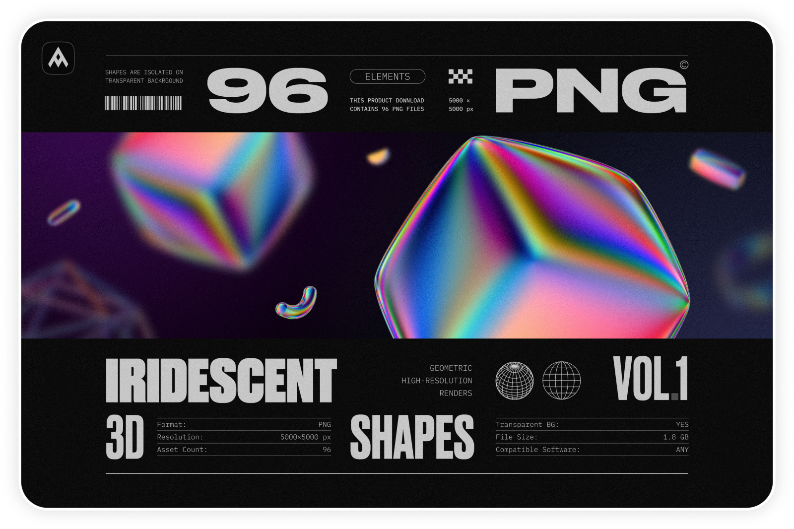 Iridescent geometric 3D shapes pack Vol.1