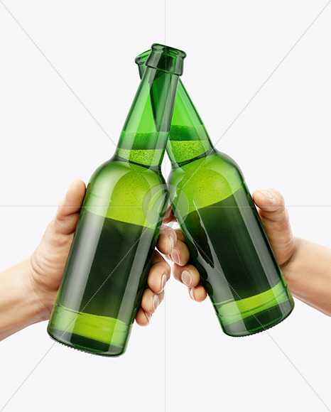 Two Green Glass Beer Bottles in the Hands Mockup