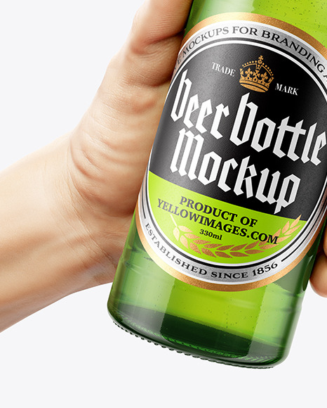 Two Green Glass Beer Bottles in the Hands Mockup
