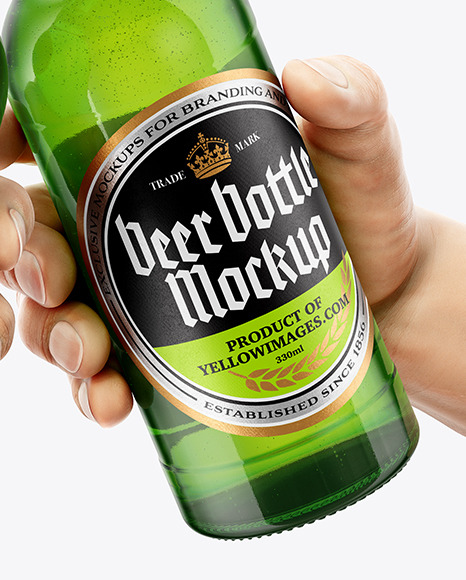 Two Green Glass Beer Bottles in the Hands Mockup