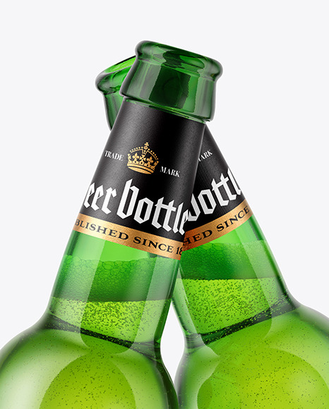 Two Green Glass Beer Bottles in the Hands Mockup