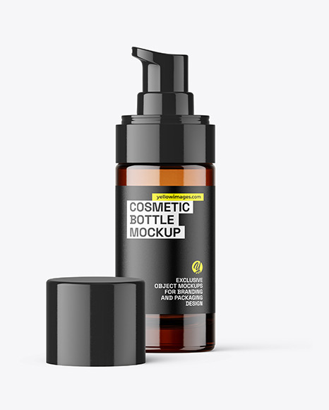 Amber Glass Cosmetic Bottle w\ Pump Mockup Amber Glass Cosmetic Bottle w\ Pump Mockup