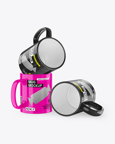 Three Glossy Mugs Mockup