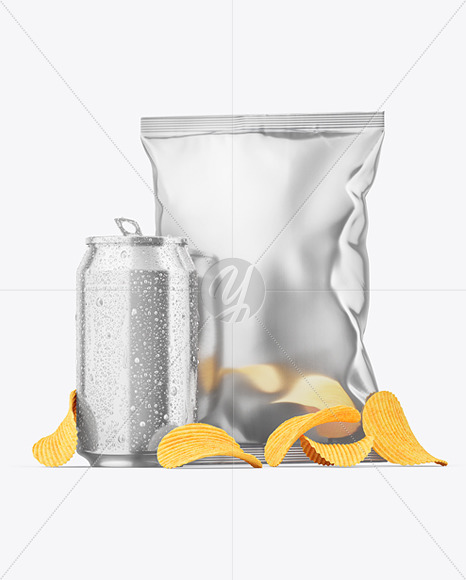 Glossy Metallic Drink Can w/ Drops and Chips Bag Mockup